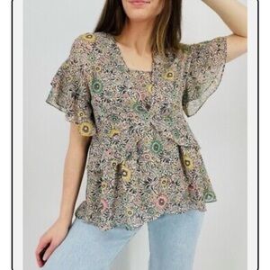 CABI Poet Folklore Ruffle Hi-Low Chiffon Cottagecore Prairie Blouse Size Medium